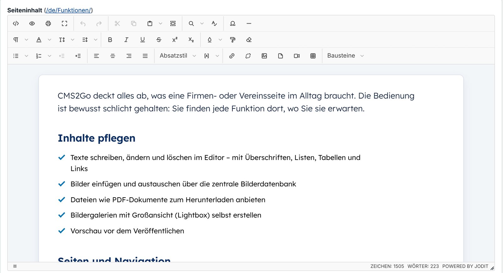 Der Editor von CMS2Go: Der Text einer Seite wird bearbeitet