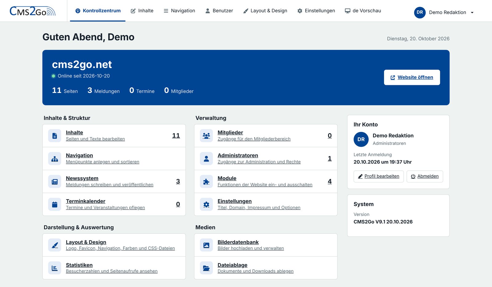Das Kontrollzentrum von CMS2Go nach der Anmeldung